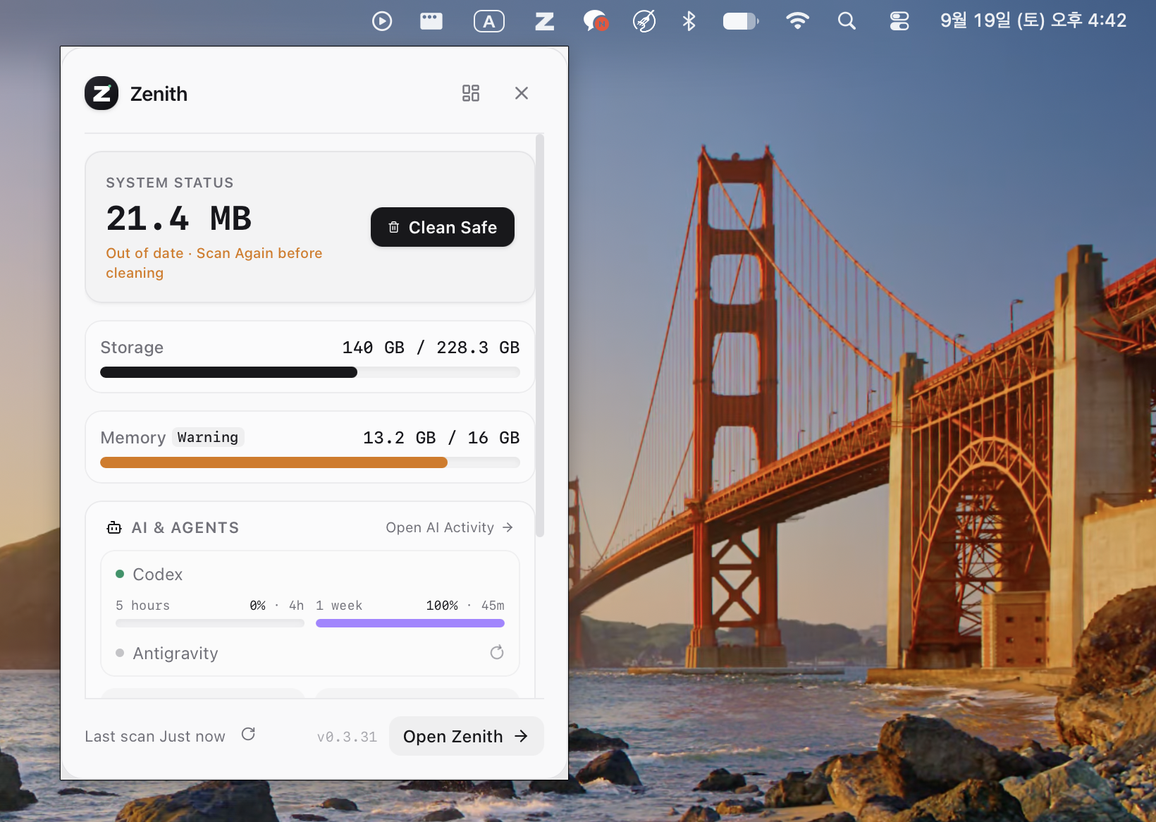 macOS 메뉴바 아래로 열린 Zenith Quick Panel